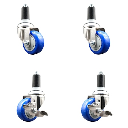 3.5 Inch 316SS Blue Poly Swivel 1-1/4 Inch Expanding Stem Caster Brake, 2PK